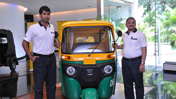 Rajiv-Bajaj, MD and R C Maheshwari, president CV Bajaj Auto Ltd with the new three-wheeler