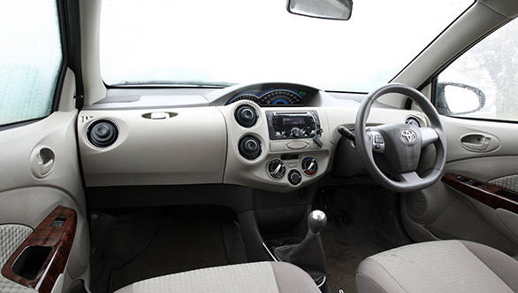 The flat bottom steering wheel of the Toyota Etios is impressive