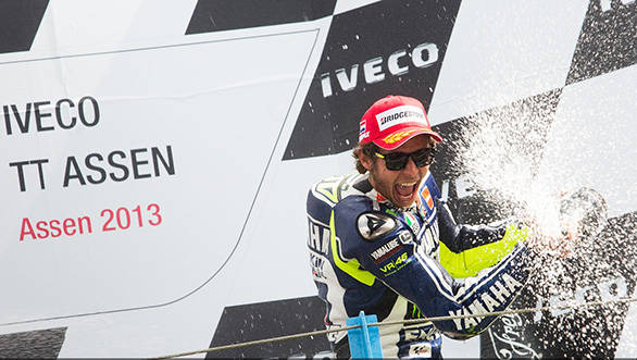 Valentino Rossi celebrates his first win since Sepang 2010