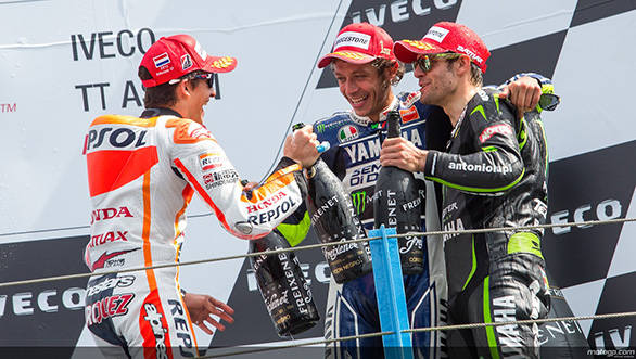 Marquez, Rossi and Crutchlow celebrate on the Assen podium