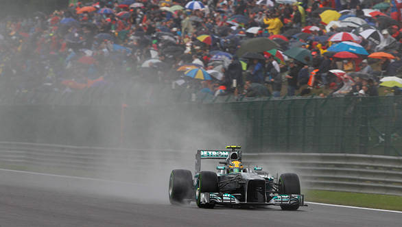 Lewis Hamilton on his way to pole at a rain soaked Spa