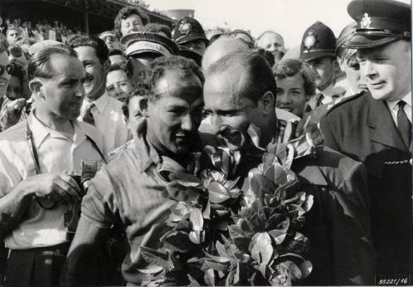 Gentlemanly rivals - Moss and Fangio after the 1955 British GP at Aintree