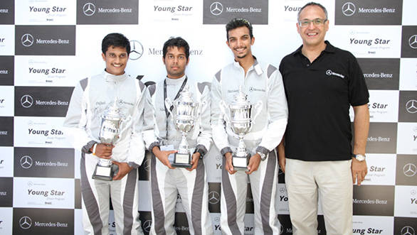 Diljith - 2nd , Niranjan B Todkari-1st , Mezaan Anees-3rd, Mr. Eberhard Kern, MD & CEO, Mercedes-Benz India at the prize distribution of the  Grand Finale of Yong Star Driver Program