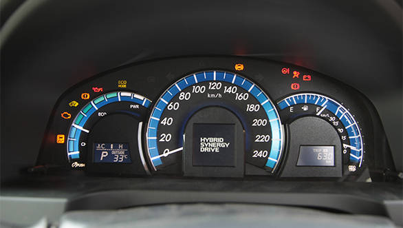 The Camry Hybrid has an energy meter with graphics of an engine, an electric motor, a driveline and a battery on the car's central display