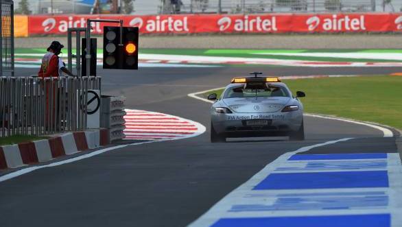 F1 Safety Car exits pit lane at Buddh International Circuit  on Thursday