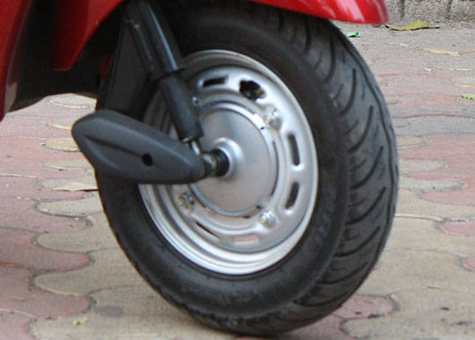 The Honda Activa's 10-inch steel wheels are smaller than the Jupiter's