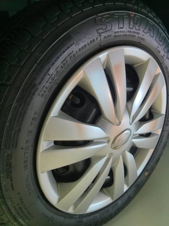 Pre production Datsun Go has Phillipine made 155/70 R13 Strada tyres but India specific models should get JK's or some other cost effective solutions.