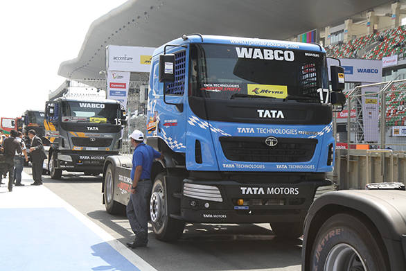  The Tata Prima T1 Racing trucks line up in the pitlane ahead of the practice session