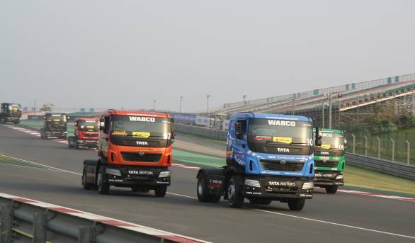 The top three battle for the win during the main race of the Prima T1 Truck Racing Championship