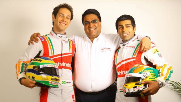 Dilbagh Gill, Team Principal Mahindra Formula E, flanked by Bruno Senna and Karun Chandhok, the team's drivers for 2014-2015