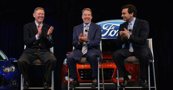 L-R Alan Mulally, Bill Ford and Mark Fields at the Press Conference