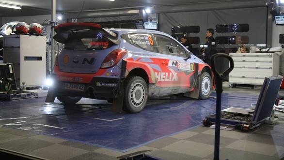 Juho Hanninen's Hyundai i20 WRC in Service Park before the crew has a go at it