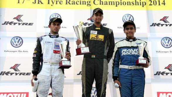 Vishnu Prasad flanked by Akhil Rabindra and Team Rayo Racing's Nayan Chatterjee on the podium after Race 1 of the FB02 races