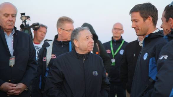 FIA President Jean Todt has a word with 2013 WRC Driver's Champion Sebastien Ogier, who currently leads Rally Poland and is also at the head of the 2014 Championship standings