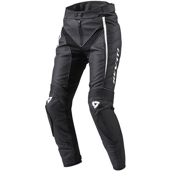 This is a pair of leather sport pants. Note the tight fitting cut and the leather panels that cover velcro loop pants for knee sliders. The darker black material around the crotch area is stretch to allow easy leg movement despite the thickness of the leather. Image courtesy: Rev'It