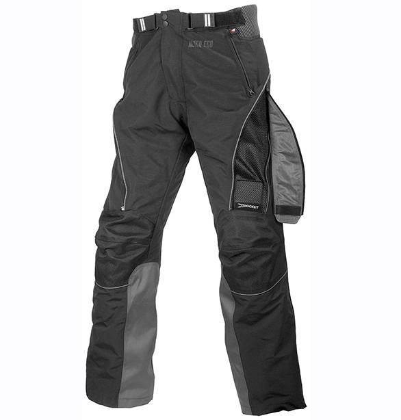 This is a Joe Rocket Alter Ego Pant - Shumi uses the next generation of this particular design as one of his daily riding equipment. The pant is constructed of abrasion resistant material and has knee armour but notice the panel on the left leg. Two zips allow you to take the whole panel off and create a large mesh vent. Zip that panel closed and add the included waterproof liner and this pant will also work in near-freezing temperatures. Image courtesy: Joe Rocket