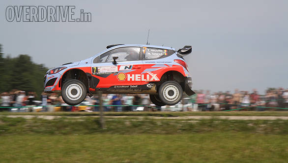Hyundai's Thierry Neuville and Nicolas Gilsoul also airborne on their way to a podium finish 