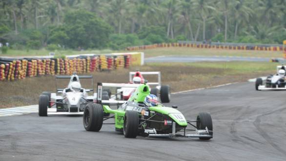 Vikash Anand leads the pack during an MRF FF1600 race at the Kari Motor Speedway