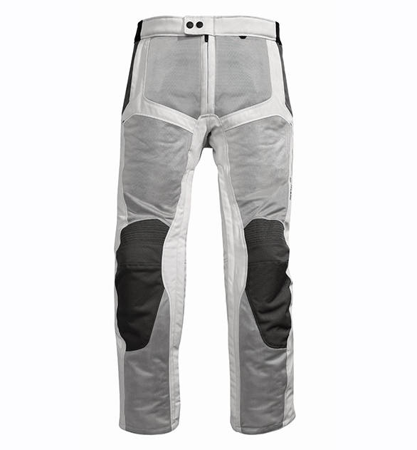 This is a pair of Rev'it Airwave Pants. The darker grey panels are all mesh - think of it as a really strong, nearly opaque net. On the knees is a heavy duty material as is the while material that surrounds the mesh. There is armour in the knees and though not visible two large retroreflective strips next to the knees. If you look carefully, the inside of the leg has a zipper that runs nearly to the crotch to allow you to wear this garment - which is an overpant by design, over your street clothes quickly. In India, we use this pair (in black) as a riding pant without street clothes - our temperatures are too hot to handle two layers even if the outer one is mesh.