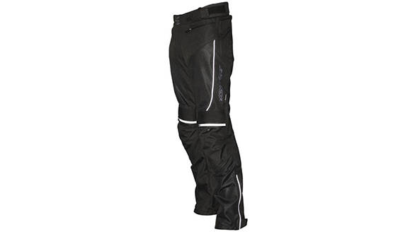 All mesh, CE knees, memory foam hip and lower back armour, reflectives, boot zips, connecting zip, adjustable waist