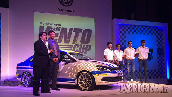 Sanjay Sharma, head of motorsport, JK Tyre, Sirish Vissa, head of motorsport, Volkswagen India, with the new Race Vento and former Polo Cup champions Kartik Tharani, Ameya Walawalkar, Rahil Noorani and Vishnu Prasad