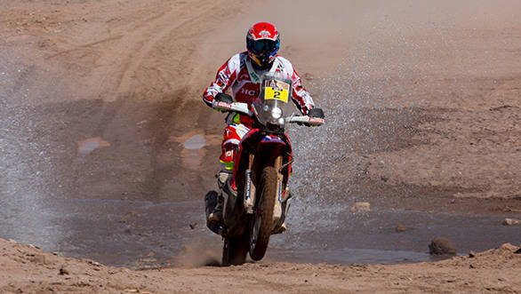 Here's the man leading the way at the 2015 Dakar Rally - HRC rider Joan Barreda Bort  has managed to take command in the motorcycle category with a total time of 21hr 38min 35sec