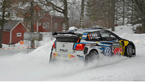 The Volkswagen R WRC Mk2 in the middle of the action at the 63rd Sweden Rally 