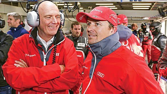 All smiles are Dr Wolfgang Ullrich and Marcel Fassler here, even though it was a tense time for the defending champions Audi at Le Mans