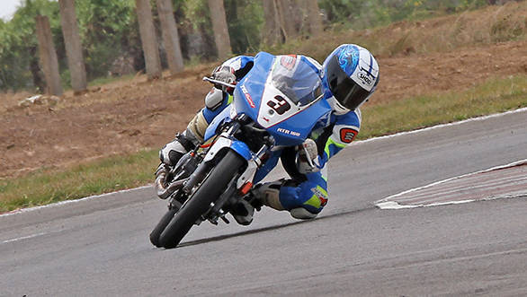 Jagan Kumar of TVS Racing powering to victory in the showpiece Group B (165cc) Open class in the second round of the MMSC FMSCI Indian National Motorcycle Racing Championship in Chennai on Saturday.