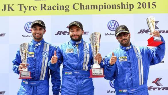 Vento Cup Round 1 Race 2 Winner Karminder Singh (centre), 2nd position Anindith Reddy (left) and 3rd position Sahil Gahuri (right)