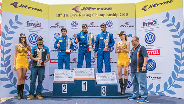 Karminder Singh (1st), Ishaan Dodhiwala (2nd) and Anindith Reddy (3rd) after Race 2 in Round 2 - Vento Cup 2015