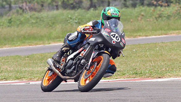 Mathana Kumar of Ten10 Racing, who won both the races in the Group C (165cc) Open class in the fourth round of the MMSC Indian National Morocycle Racing Championship in Chennai on Sunday