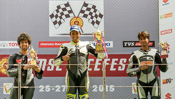 Vishwadev Muraleedharan, winner of the Suzuki Gixxer Cup Novice category, flanked by second-placed Simranjeet Singh and Sebastian J