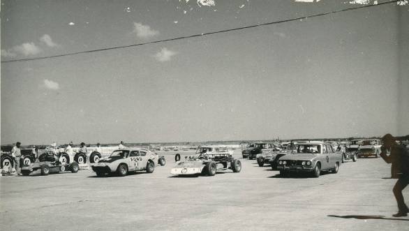 The Alpha Motor Company special on pole position driven by Hoosein to the extreme left, with the Arpico special from Sri Lanka driven by David Pieres next to it, followed by the special of M K Gondal built by the late Adarbad Sethna, and an Alfa Romeo to the extreme right