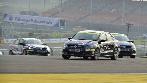 Anindith Reddy leads the pack during the first race of Round 3 of the Volkswagen Vento Cup