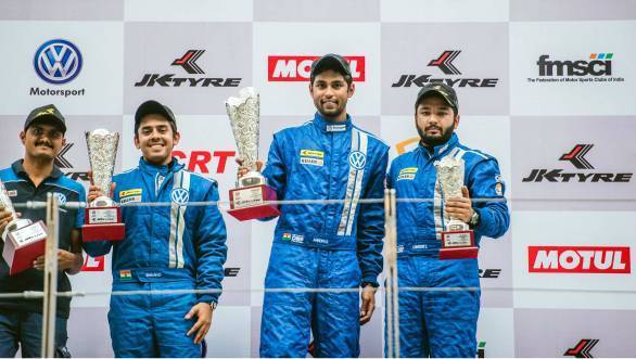 Left to right: Ishan Dodhiwala finished second, Anindith Reddy took the win, and Karminder Singh finished third on track, but was later demoted to fourth due after post race penalties were doled out for the third race of the weekend