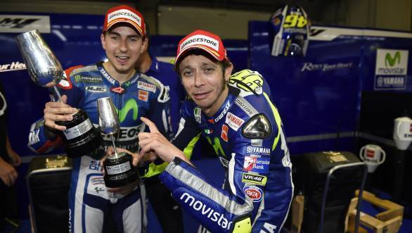 Here Lorenzo and Rossi are joking around. But the race at Valencia is no joke. And neither will be the outcomes. 