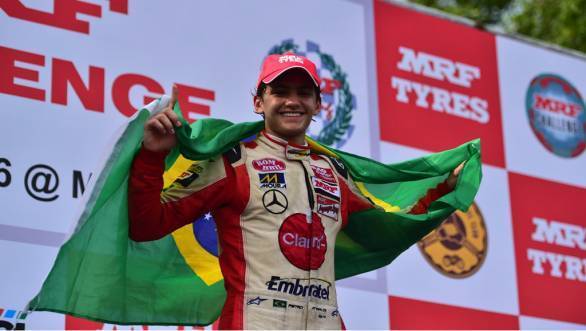 Pietro Fittipaldi with the Brazilian flag after winning the 2015 edition of the MRF Challenge