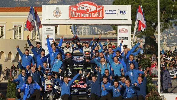 The VW Rally team celebrates their first win of the 2016 WRC season