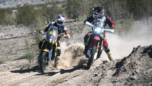 Toby Price (3) races with Kevin Benavides (47) in Stage 11 from La Rioja to San Juan, Argentina on January 14, 2016
