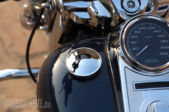 The Harley-Davidson Road King's fake gas tank cap on the left houses a small fuel gauge 