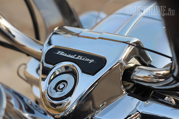 The Harley-Davison Road King barrel key can be used to lock the handlebars on the 2016 model and the lovely chrome boss is a great sight as you cruise the highways