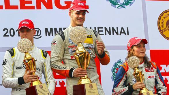 Mick Schumacher, Alessio Picariello and championship runner-up Tatiana Calderon on the podium in the final race of the season