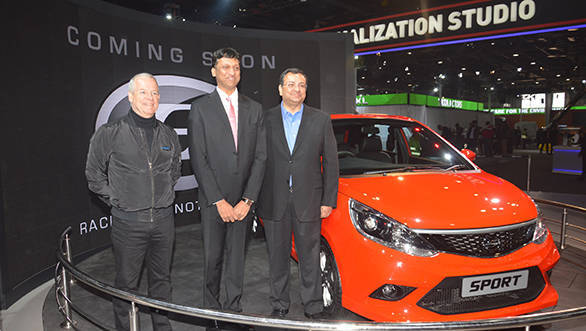 (R to L)   Mr. Cyrus P. Mistry, Chairman, Tata Sons & Tata Motors, Mr. J. Anand, Managing Director, Jayem Automotives and Mr. Dr. Tim Leverton, Head- Advanced & Product Engineering, Tata Motors, during the SPORT hatchback showcase at Auto Expo 2016.