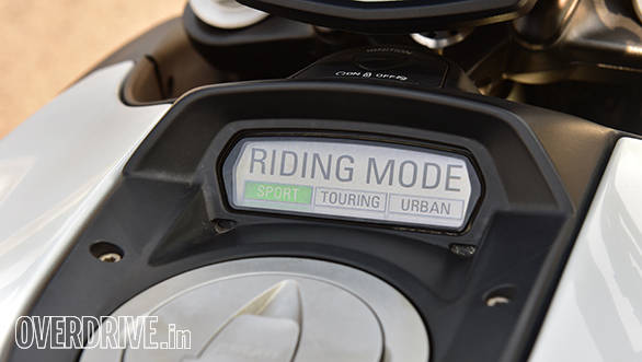 Three riding modes on offer. Urban restricts power to 100PS, Touring gives full power but with milder throttle response and more intrusive traction control. Sport offers full power, crisp response and the lowest traction control setting
