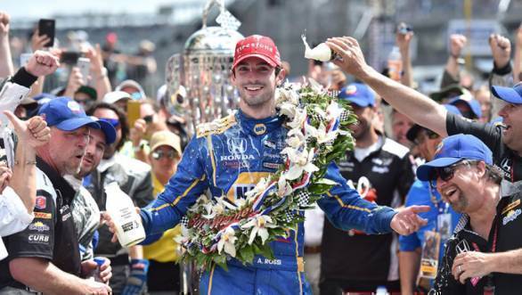 Alexander Rossi being doused with milk in the post race celebrations of the 2016 Indy500, the event's 100th running