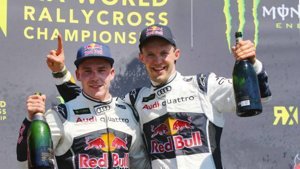 Toomas Heikkinen and Mattias Ekstrom celebrate giving EKS RX a one-two finish at HockenheimRX