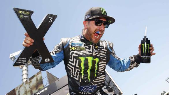 Ken Block visibly elated at his third place finish at Round 2 of the 2016 WRX championship 