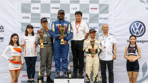 Prashanth Tharani on the podium after winning Race 1 of the 2016 Polo R Cup in China
