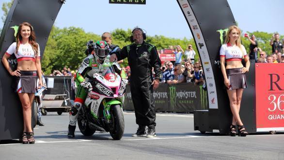 James Hillier (Quattro Plant Kawasaki) at the start of the Superstock TT